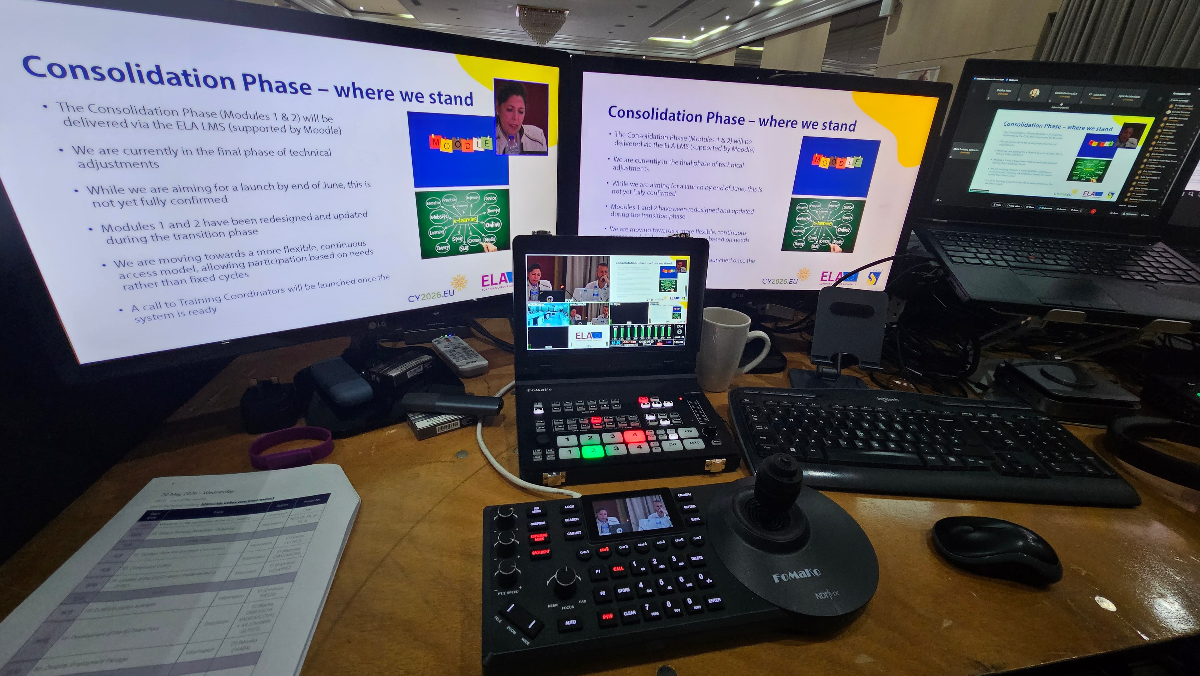 Livestream control desk displaying a European Union Presidency presentation