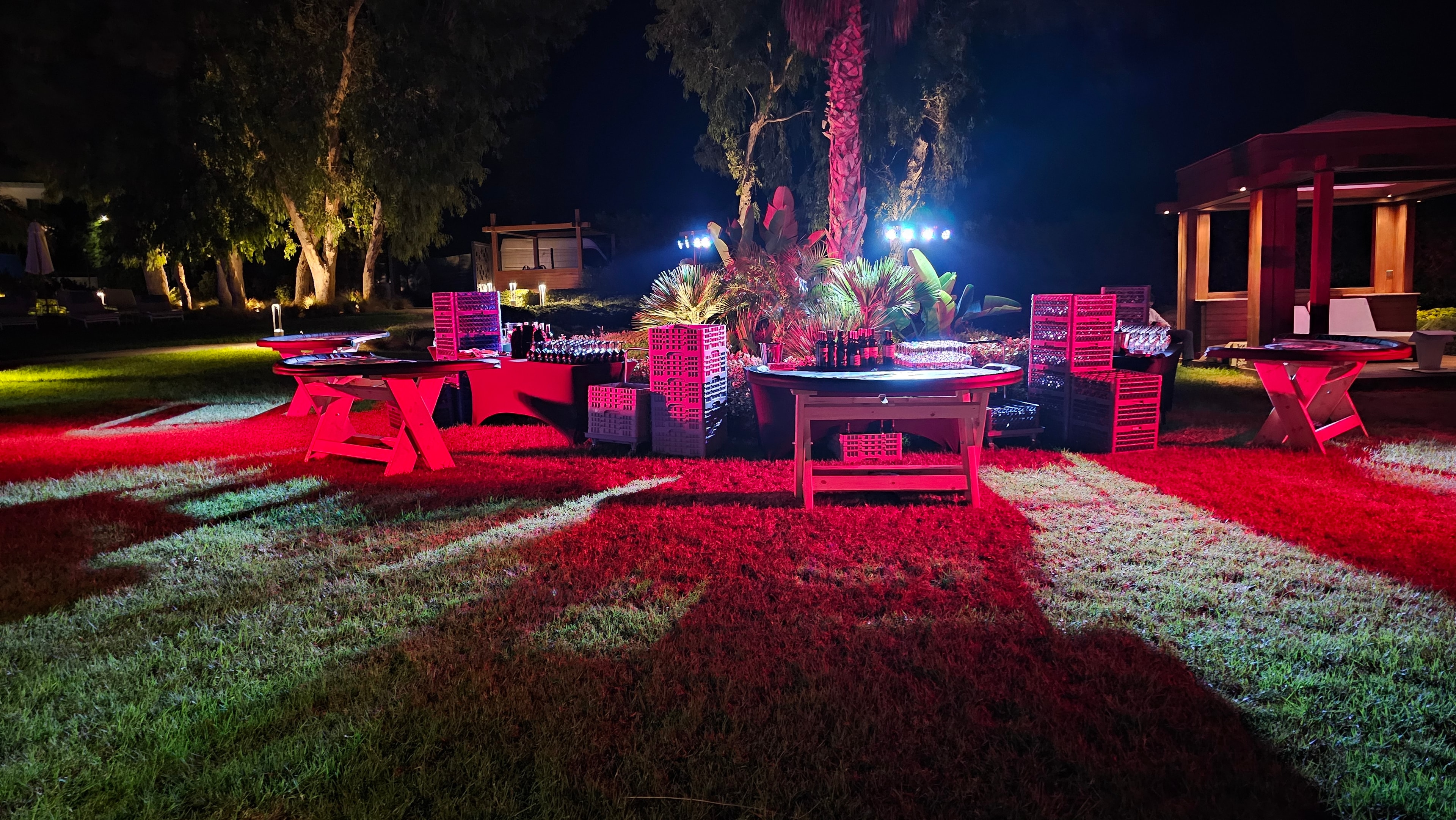 Nighttime Wine Casino event installation with vibrant lighting